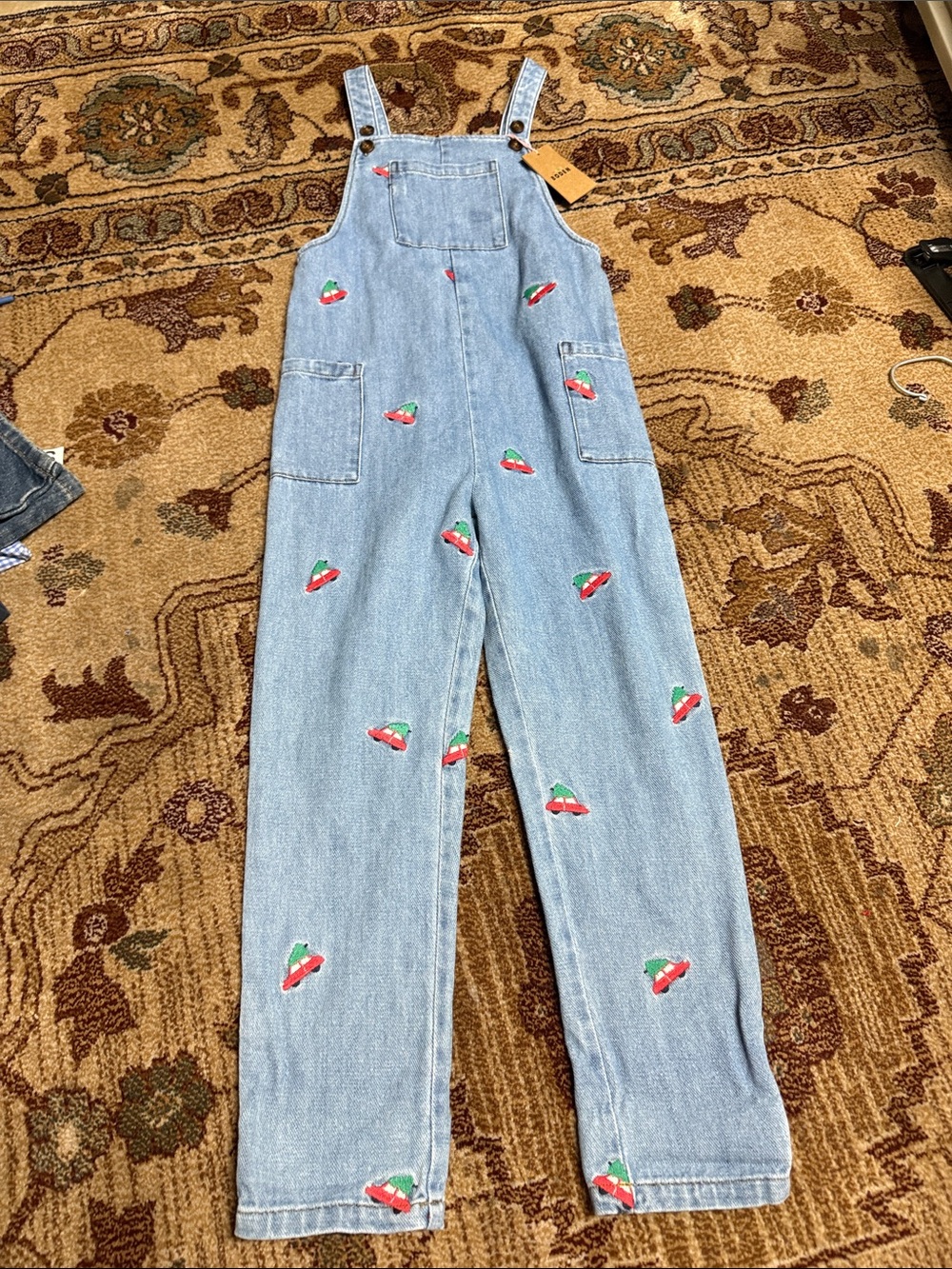 NWT Mini boden embroidered Christmas car overalls boys 6-7